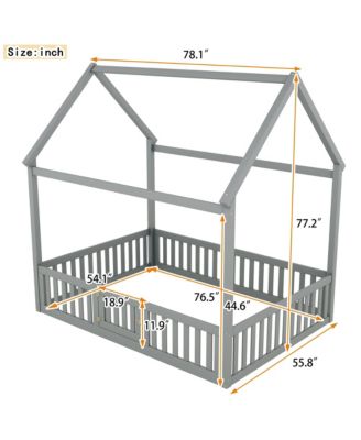 Full Size Wood House Bed with Fence and Door