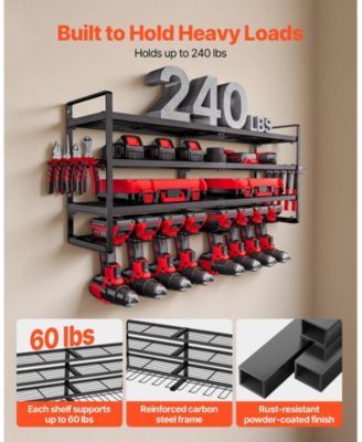 Wall-Mount Tool Organizer, 4-Tier Rack with 8 Drill Holders & Screwdriver Slots.