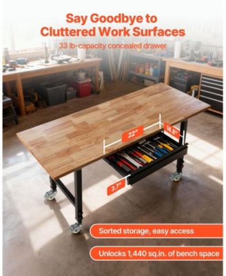 Adjustable Workbench, 60"x24" Oak Top, 2000 lb Capacity, Drawer & Power Outlets.