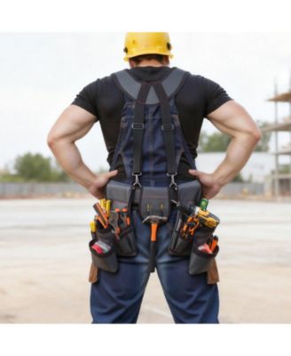 Tool Belt with Suspenders, 22 Pockets Heavy-Duty Tool Pouch, Adjustable Waist 32–68 in, Work Apron Organizer