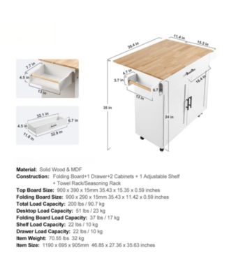 Kitchen Island Cart with Solid Wood Top, 35.4" Wide, Storage Cabinet, Drop Leaf, Drawer, Spice Rack, Towel Rack, Rolling, White