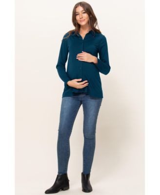 Maternity Button Up Collared Long Sleeve Top