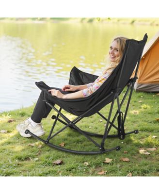 Heated Rocking Camping Chair, Large Padded Folding Rocker with 3 Heat Settings, Pocket & Cupholder, 225 lb Capacity
