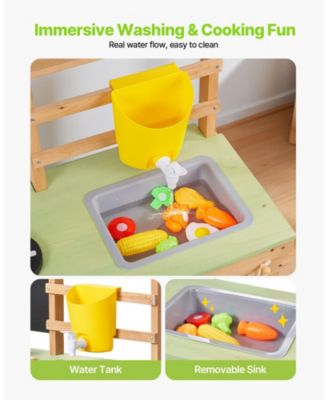Kids Outdoor Mud Kitchen, Wooden Play Kitchen with Sink, Sunshade Canopy & Swivel Wheels, Spoons, Cookware Pots & Accessories