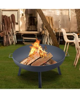34-Inch Round Carbon Steel Fire Pit Bowl, Wood Burning Fire Bowl with Drain Hole, Portable Handles and Firewood Stick, Black
