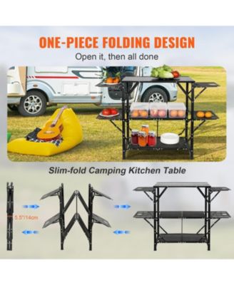 Camping Kitchen Table Cook Station, One-Piece Folding Portable Aluminum Table with Carrying Bag, 4 Side Tables and 2 Shelves
