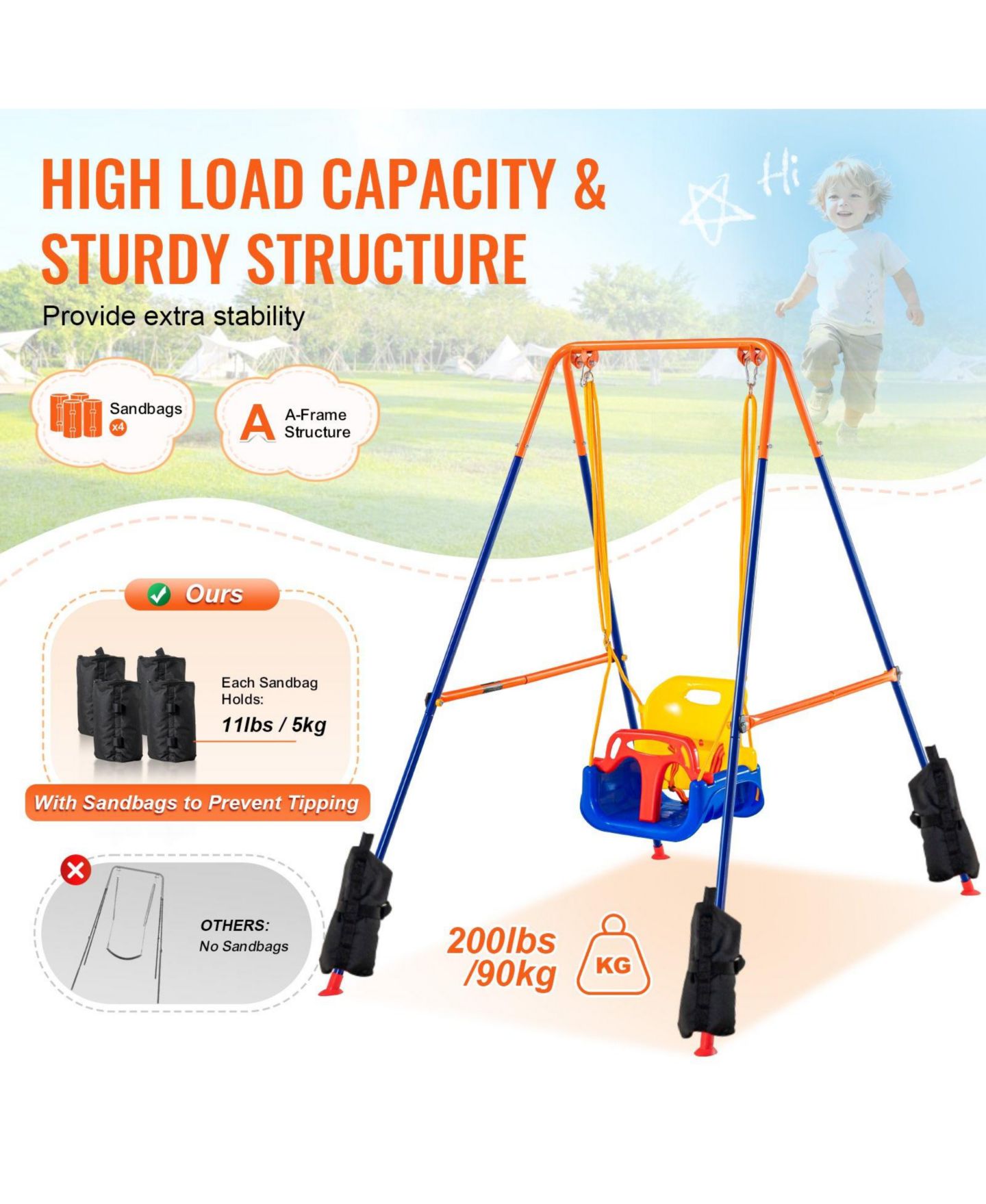 Детские игрушки Mecale 3-in-1 Toddler Swing Set with Foldable Metal Stand and 4 Sandbags, Ages 3+ — фото 5