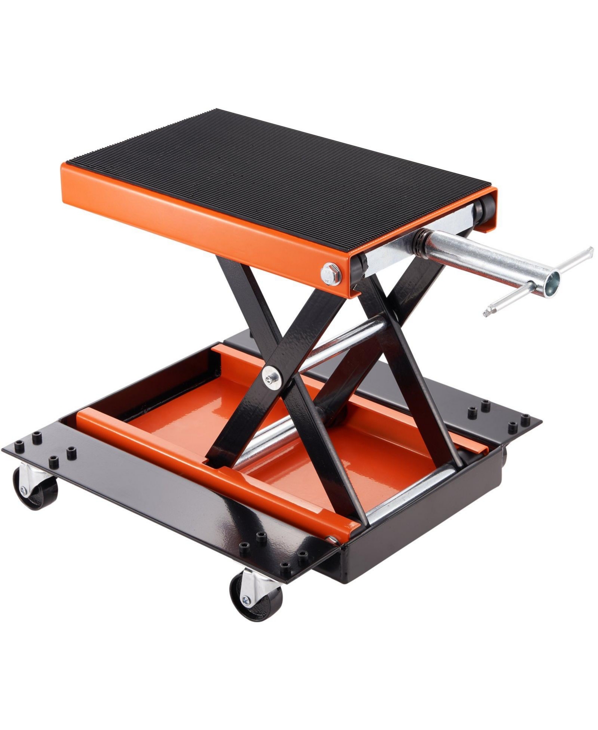 Mecale Motorcycle Lift, 1100 lb Scissor Lift Jack with Dolly & Hand Crank, Wide Deck, Tool Tray, Center Hoist Stand