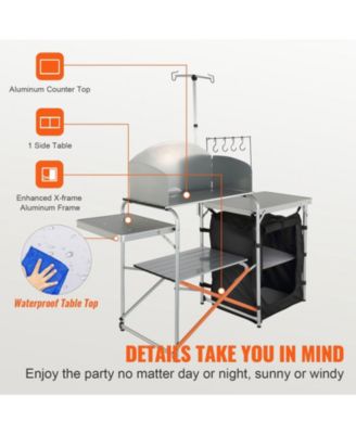 Camping Kitchen Table, Folding Aluminum Cook Station with Cupboard, Detachable Windscreen, Carrying Bag, Quick Setup, Black