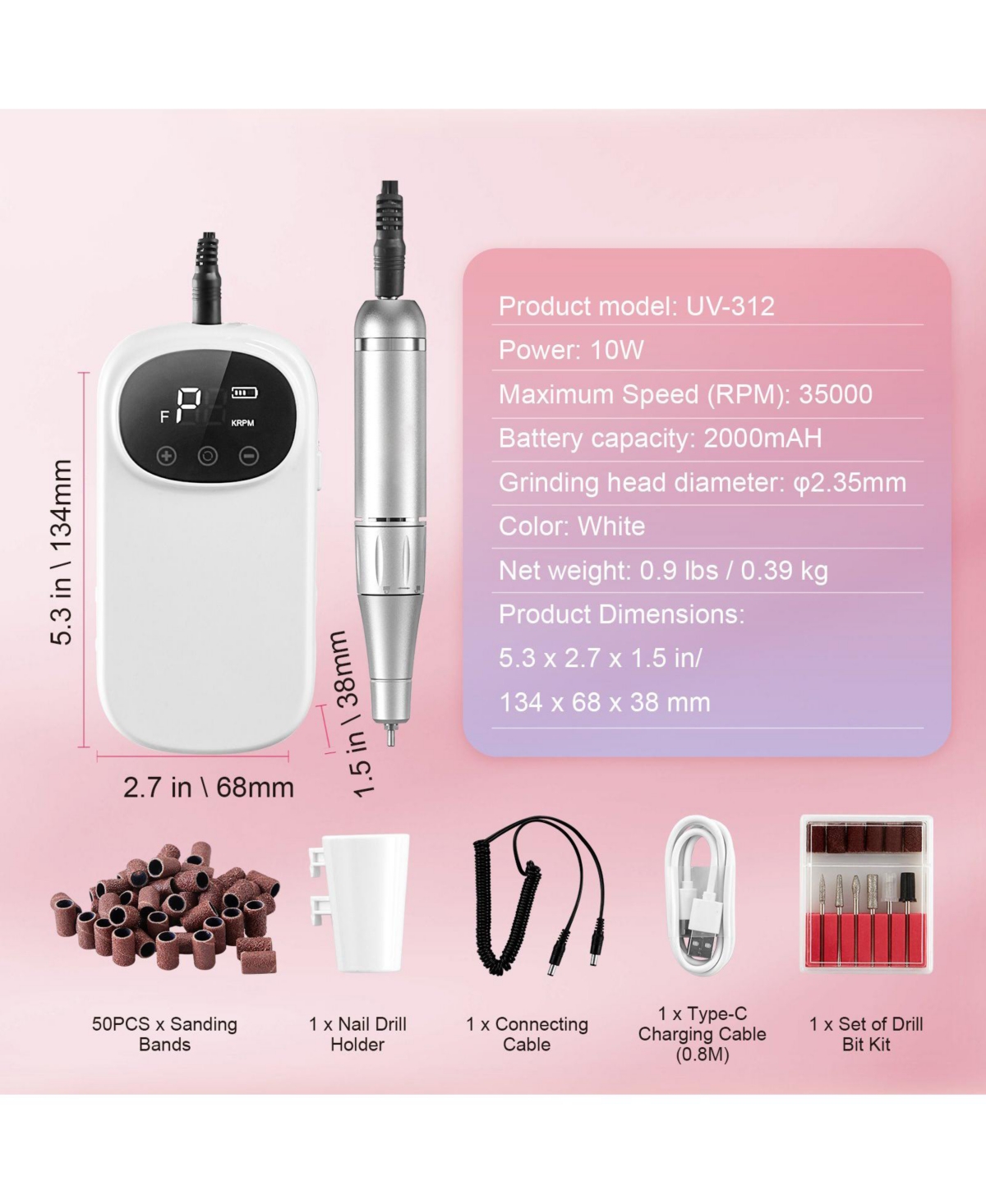 Mecale Rechargeable Nail Drill, 35,000RPM Cordless Nail E-File with Lcd Display, 6 Bits & 50 Sanding Bands, Manicure Pedicure Tool