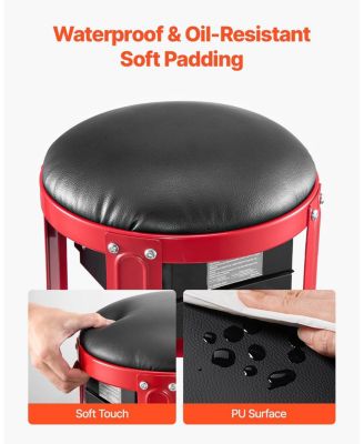 Rolling Mechanic Stool with Wheels, 300 lb Capacity, Padded Fixed-Height Creeper Seat with Tool Tray & 2 Drawers, Red/Black