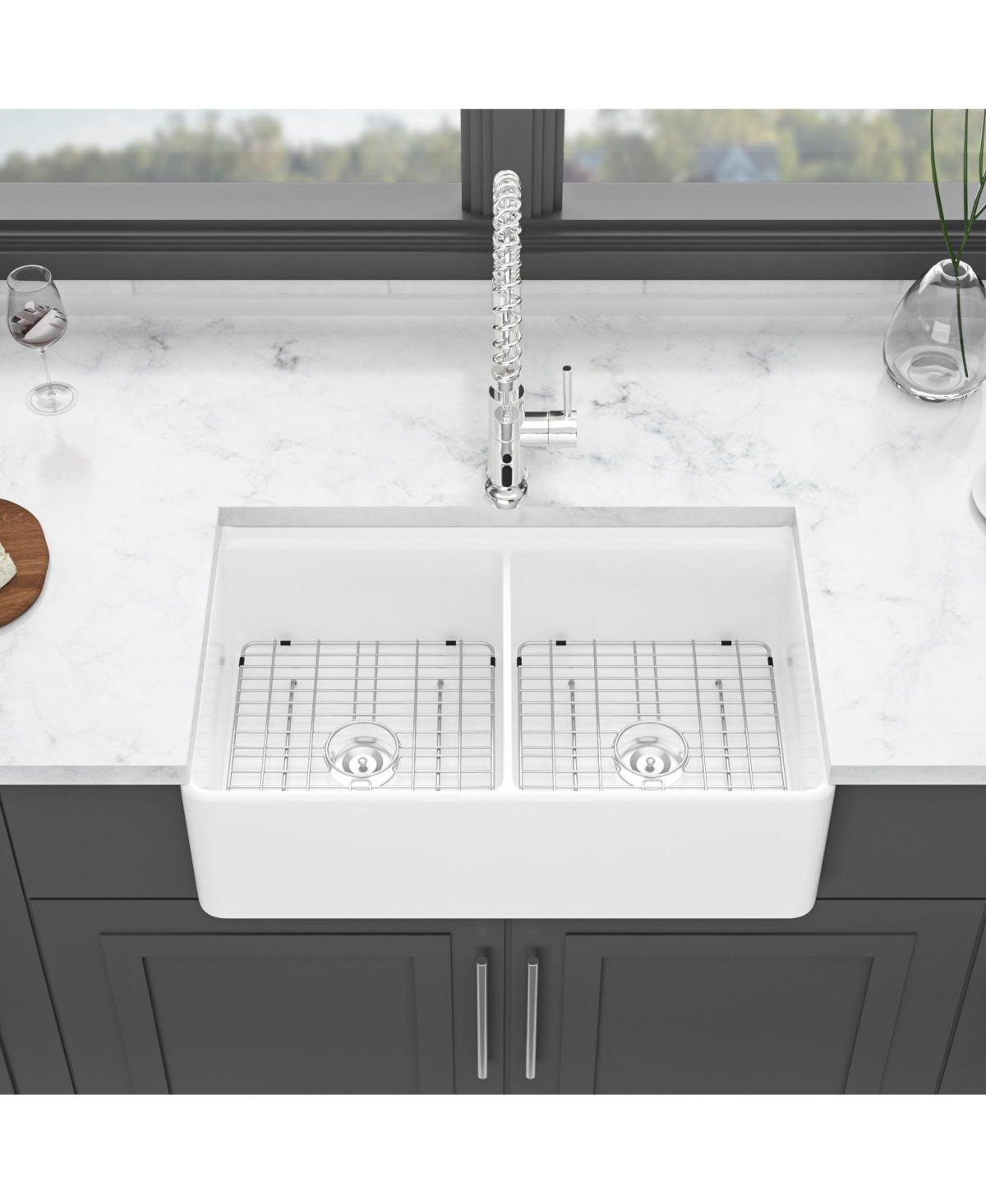 flynama huluwat 33x20x10inch White Farmhouse Sink Ceramic Porcelain Double Bowl Workstation Kitchen