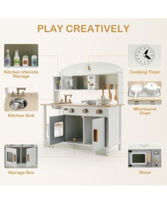 Wooden Kids Play Kitchen Set with Microwave, Sink & Storage, Gift for Boys and Girls