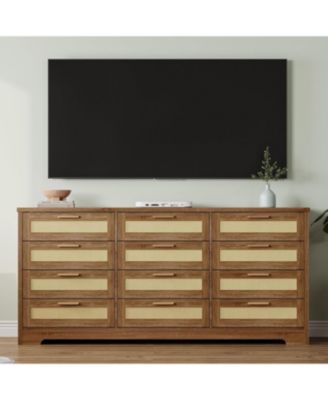 12 Drawer Dresser for Bedroom, Modern Farmhouse Rattan Chest of Drawers, Wood Dresser for Closet, Living Room, Entryway, and Hallway