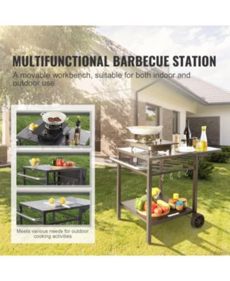 Outdoor Grill Prep Cart, Double-Shelf Folding Iron Table with Wheels, Carry Handle, for BBQ & Pizza Oven