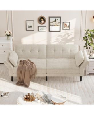 89" Chenille Futon Sofa Bed, Modern Convertible Sleeper Couch with Adjustable Backrest & Armrests, 3-Seat Sofa with 2 Pillows for Apartment