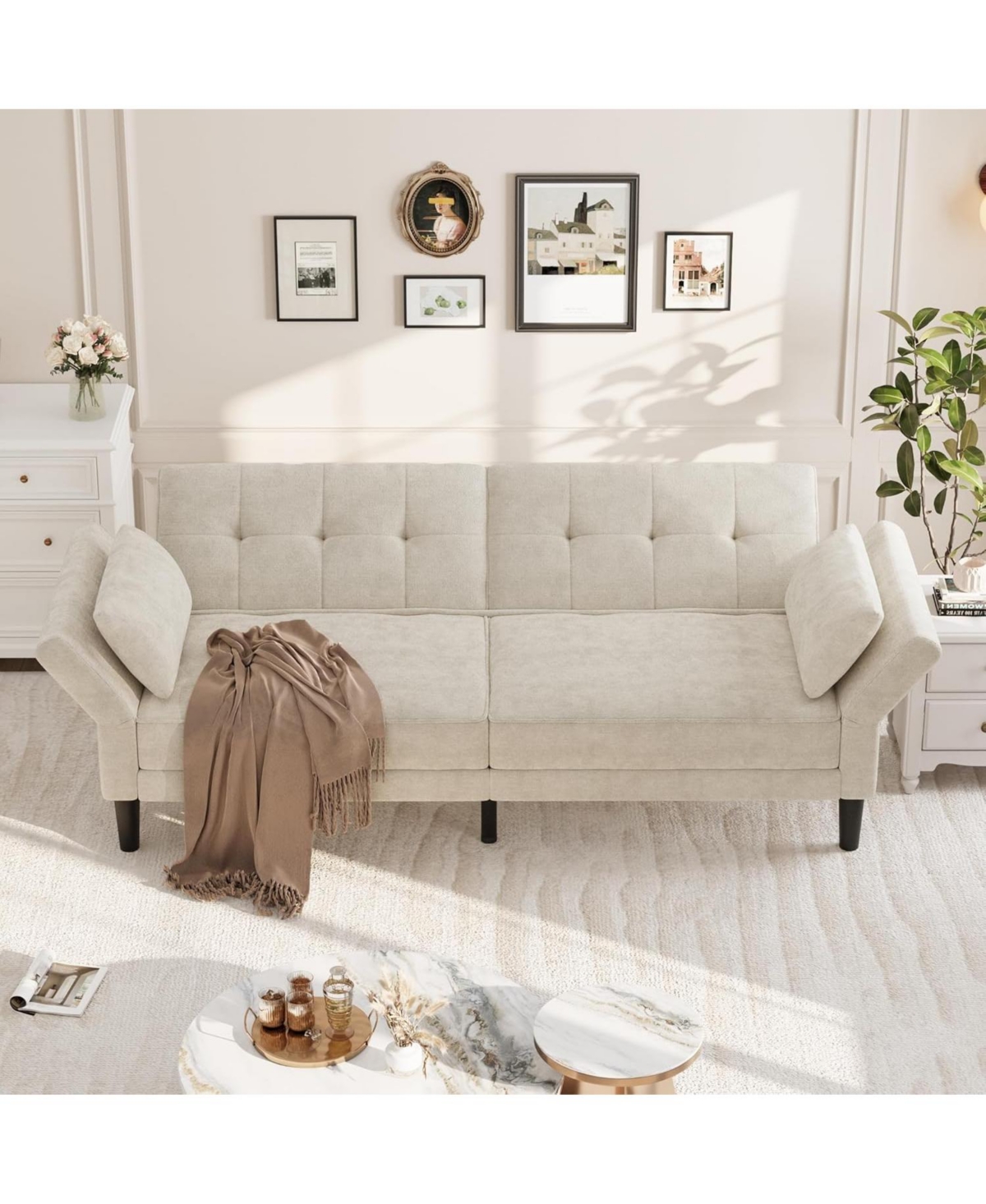 gaomon 89" Chenille Futon Sofa Bed, Modern Convertible Sleeper Couch with Adjustable Backrest & Armrests, 3-Seat 2 Pillows for Apartmen