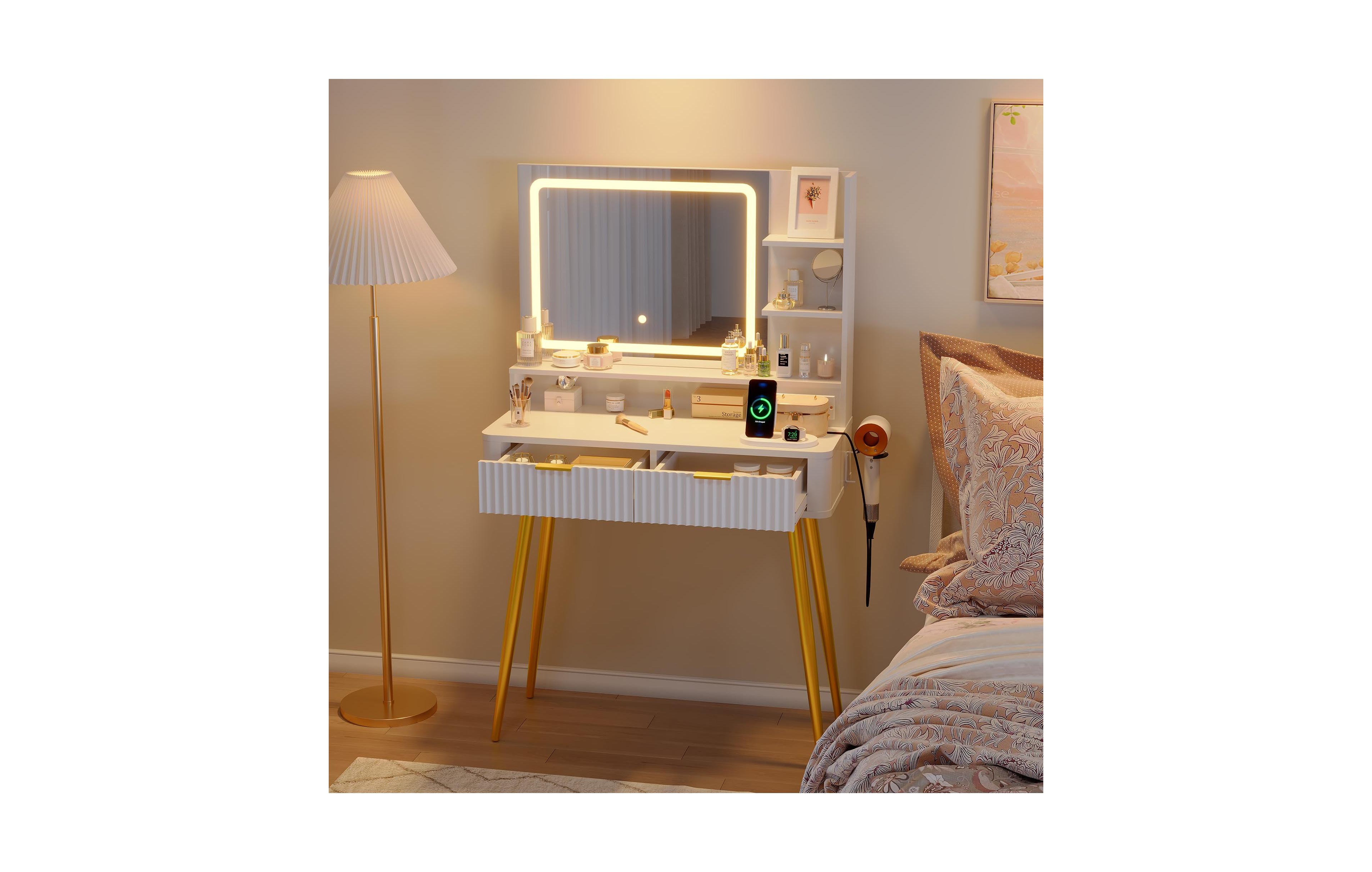 gaomon 31 in Small Makeup Vanity Desk, Mid Century Modern Vanity Table with Mirror and Lights, Dressing Table with Storage Cabinet & 2 Drawers