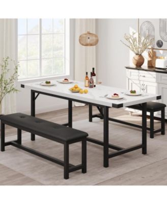3-Piece Extendable Dining Table Set for 4-6, Marble White Table with 2 Upholstered Benches, Space-Saving Kitchen & Dining Room Set