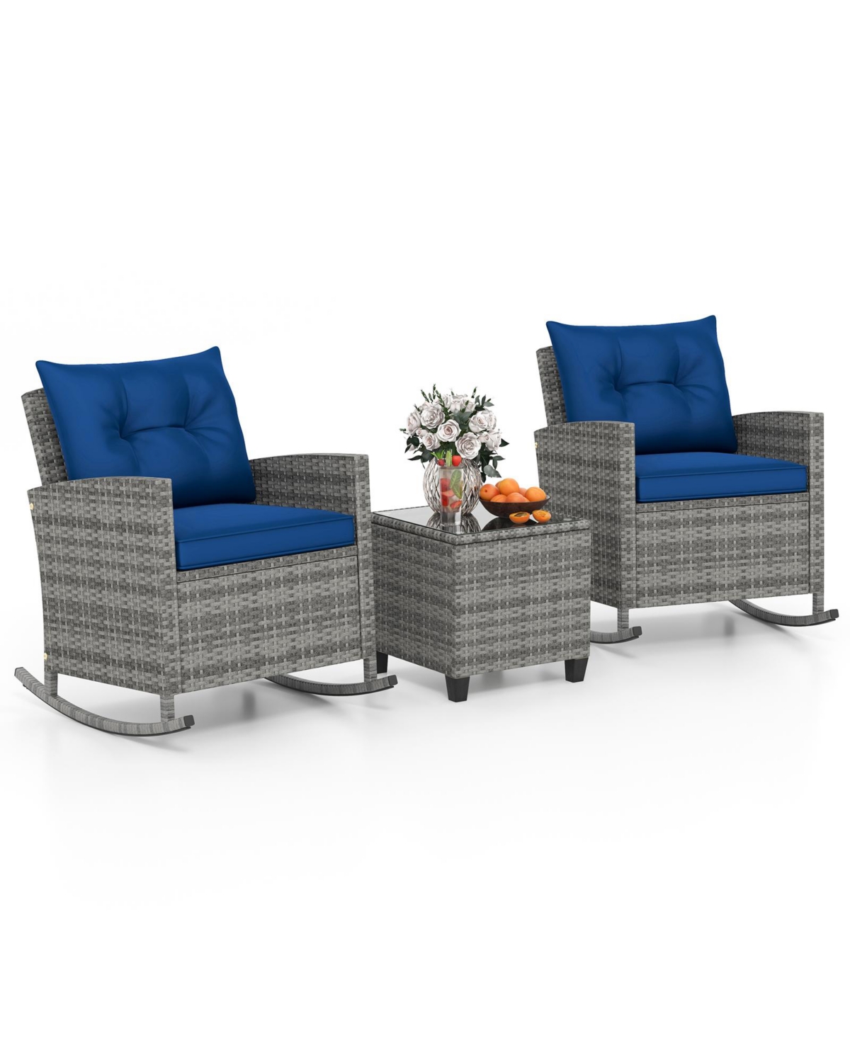 Slickblue Patio Rattan Roker Chairs with Tempered Glass Table and Soft Cushions for Backyard Poolside Porch-Beige