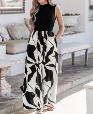 Women's Chic Monochrome Abstract Print Jumpsuit