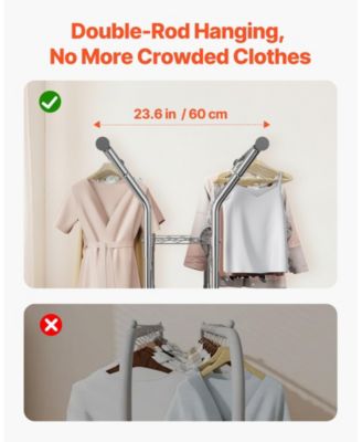 Rolling Clothes Rack with 2 Hanging Rods & 2 Shelves, Adjustable Height, 264 lb Capacity, Carbon Steel Garment Rack with Wheels