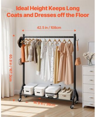 Rolling Clothes Rack with Hanging Rod & Side Hooks, 198 lb Capacity, Heavy-Duty Carbon Steel Garment Rack with Wheels