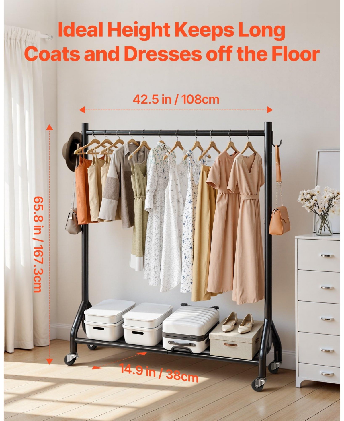 Ecooso Rolling Clothes Rack with Hanging Rod & Side Hooks, 198 lb Capacity, Heavy-Duty Carbon Steel Garment Rack with Wheels