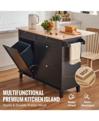 50" Kitchen Island Cart with Wood Top, Tilt-Out Trash Cabinet for 10-Gallon Storage, Drop Leaf, Drawer, Towel Bar, Black