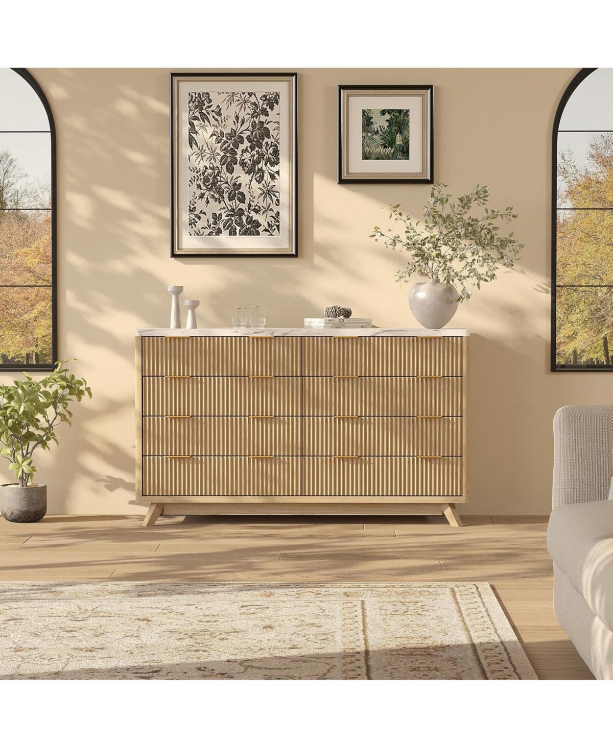 Gaomon 54" Fluted 8-Drawer Bedroom Dresser with Modern Curved Profile Design.