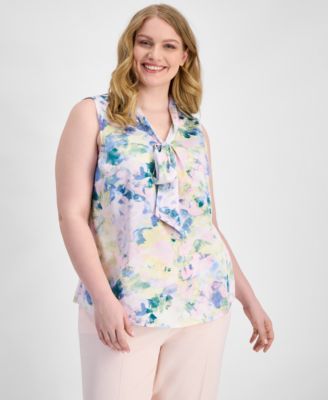 Plus Size Printed Tie-Neck Sleeveless Blouse 