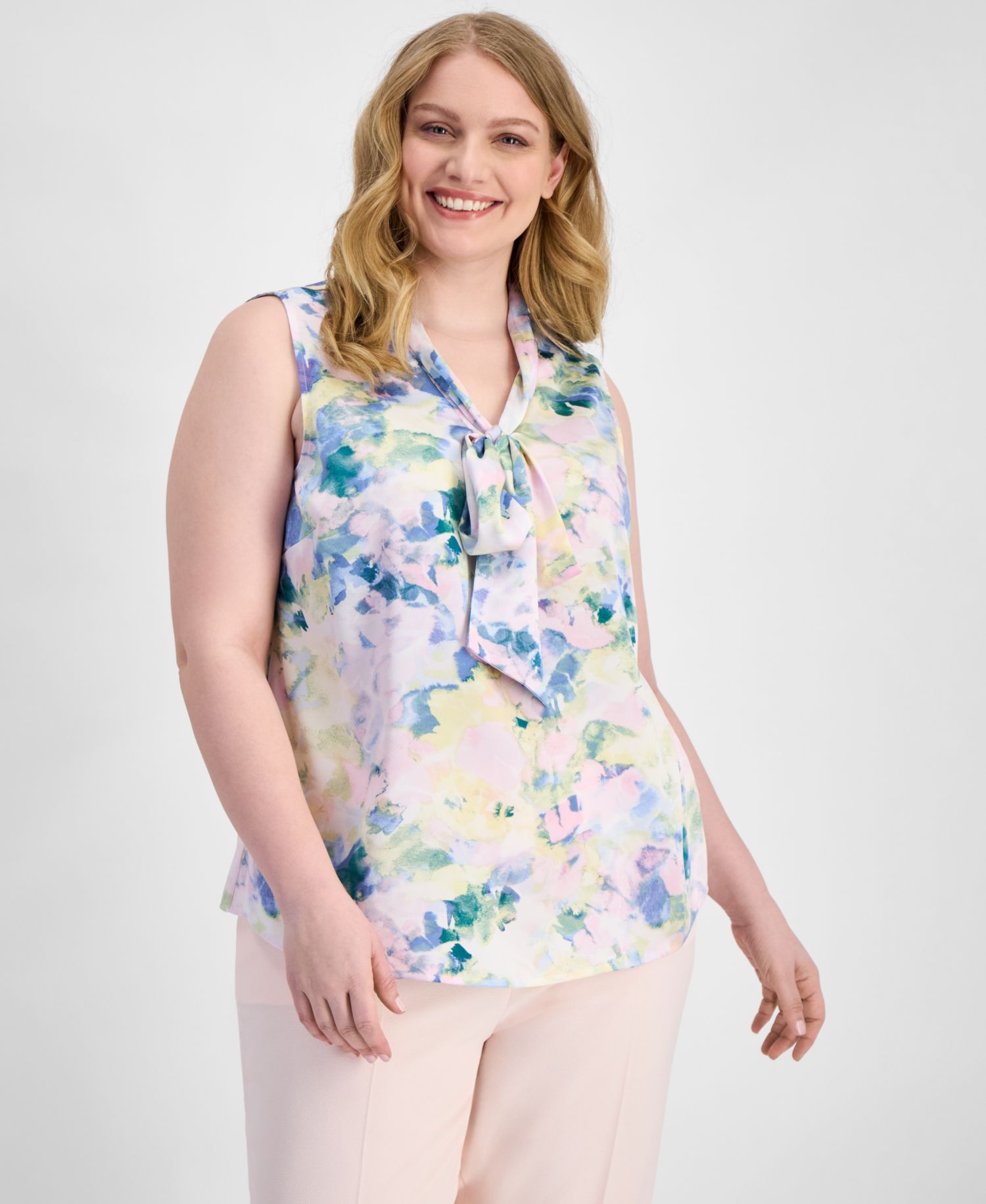 ASL Plus Size Printed Tie-Neck Sleeveless Blouse