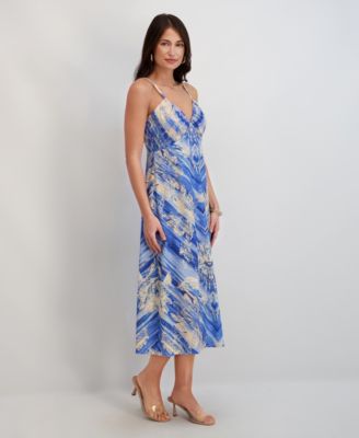 Women's Printed Peachskin V-Neck Midi Dress