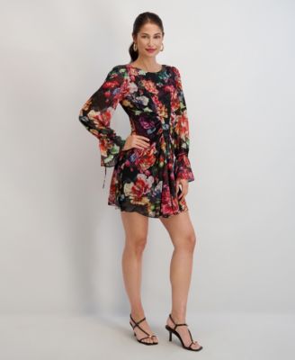 Women's Printed Chiffon Boat Neck Short Dress