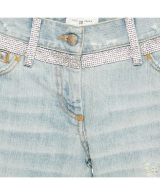 Women's Blue Distressed Denim Rhinestone Detail Crop Jeans