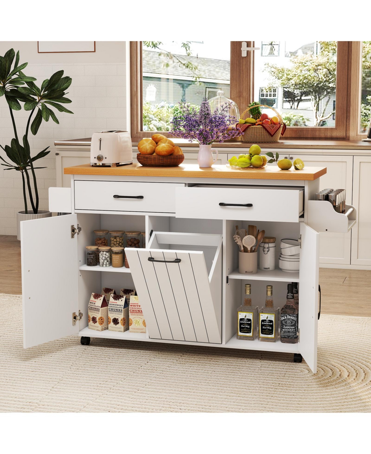 Rolling Kitchen Island Kitchen Cart with Tilt-out Trash Cabinet Island Table