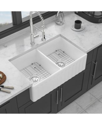 huluwat 33x20x10inch White Farmhouse Sink Ceramic Porcelain Double Bowl Reversible Design