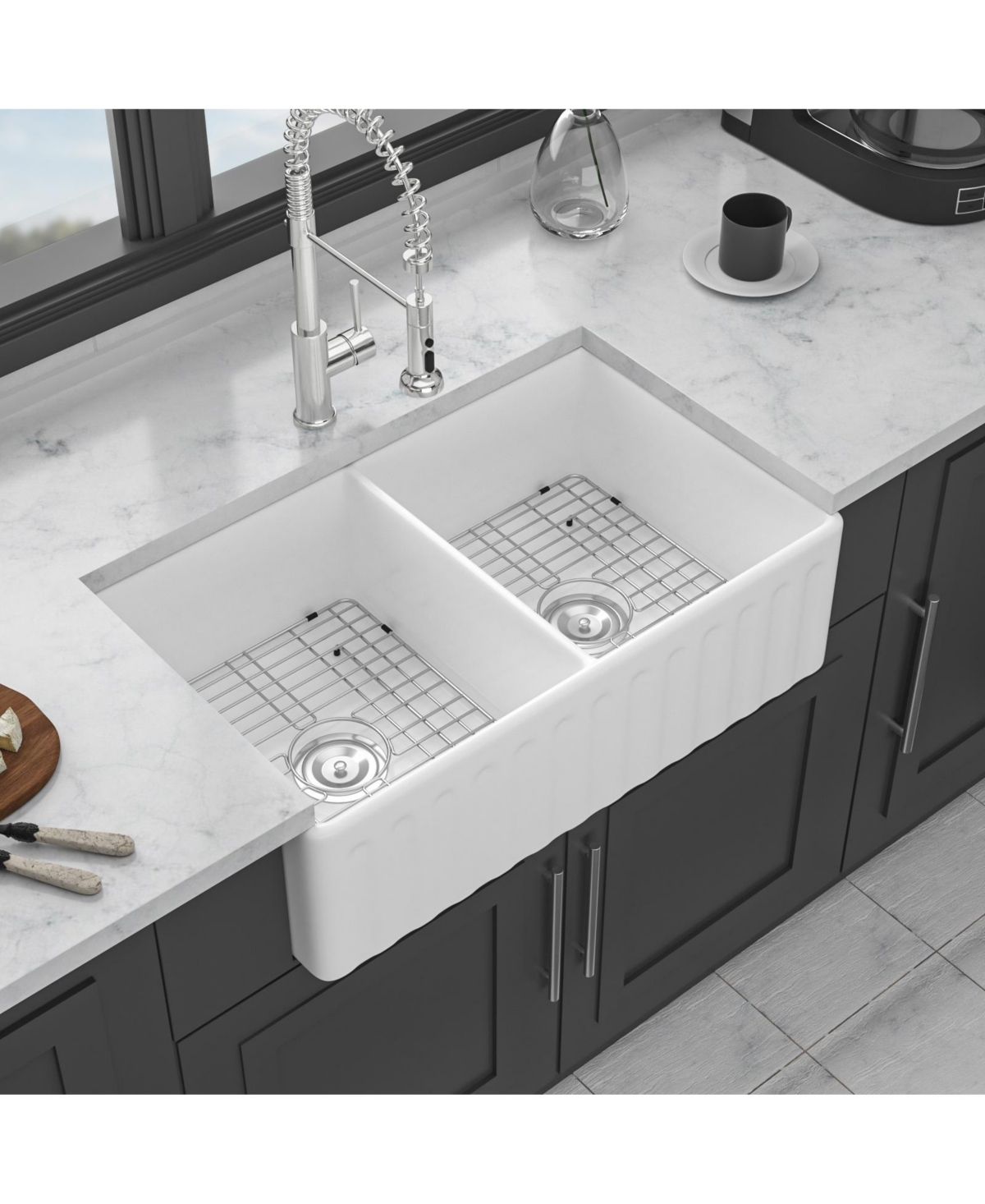 Flynama huluwat 33x20x10inch White Farmhouse Sink Ceramic Porcelain Double Bowl Reversible Design