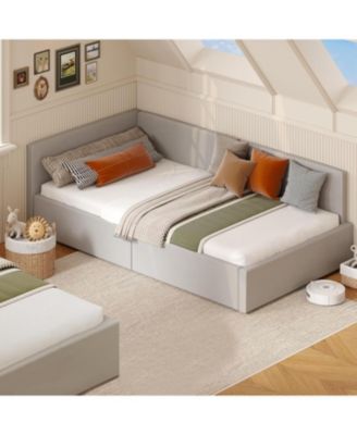 Daybed with Guardrails, Velvet Upholstered Corner Bed Frame, Adjustable Headboard, No Box Spring Needed