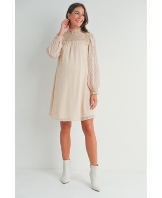 Maternity Smocked Neck Long Sleeve Textured Dot Dress