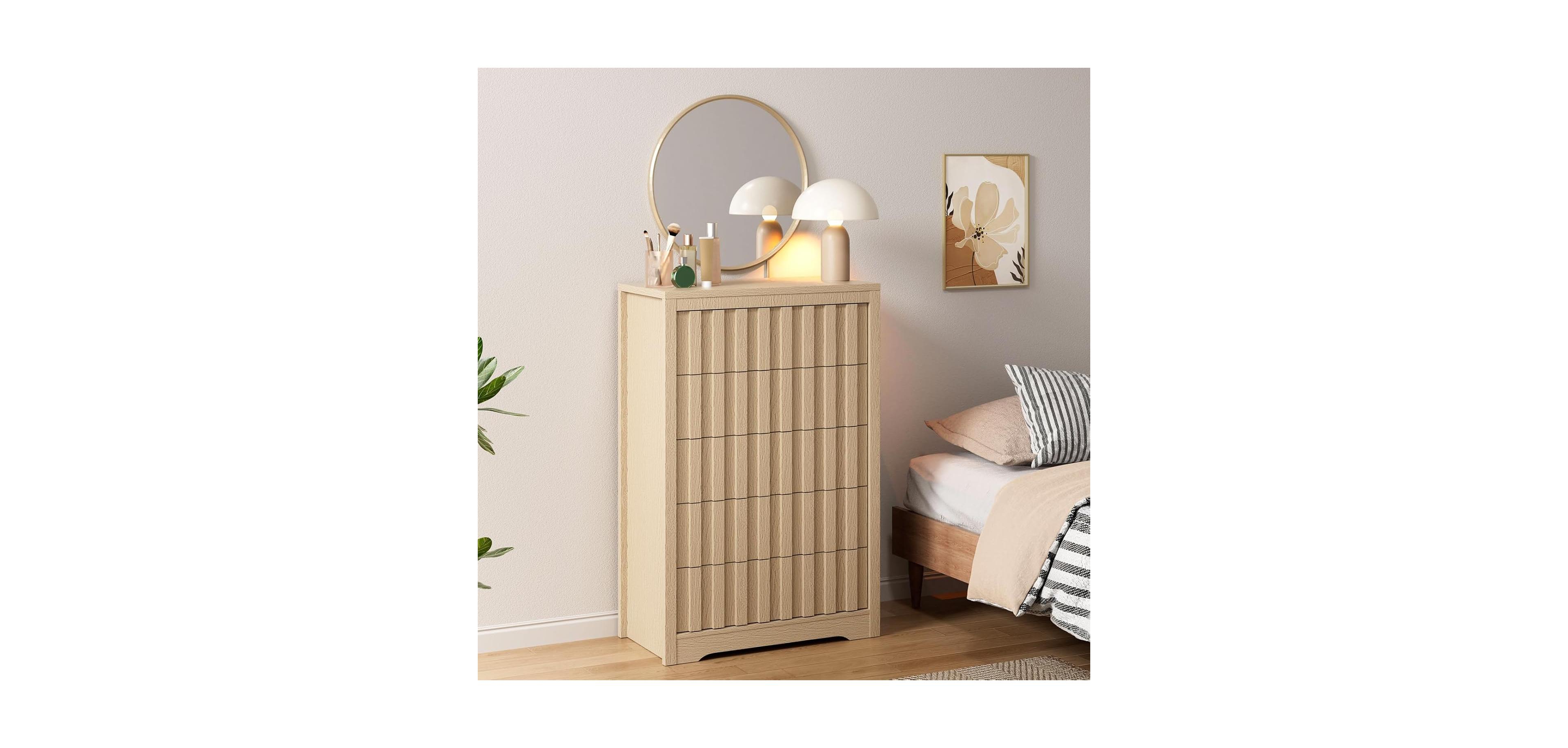 gaomon Modern Fluted Dresser for Bedroom, Wooden Chest of Drawers, Handleless Storage Organizer with Deep Drawers for Clothes