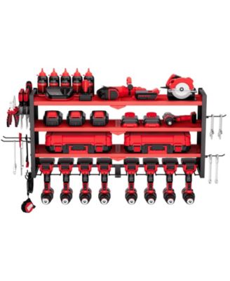 Wall-Mount Power Tool Organizer, 4-Tier Storage Rack with 8 Drill Holders, Side Pegboards, Garage Tool Storage Rack