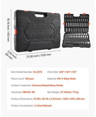 163-Piece Socket Tool Set, 1/4" 3/8" 1/2" Drive SAE & Metric, Deep & Standard, Chrome-Plated CR-V Steel