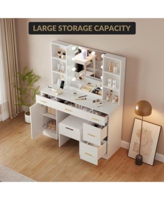 Farmhouse Vanity Set with Lighted Mirror,56 Inch Modern Makeup Vanity with Charging Station&Storage Shelves