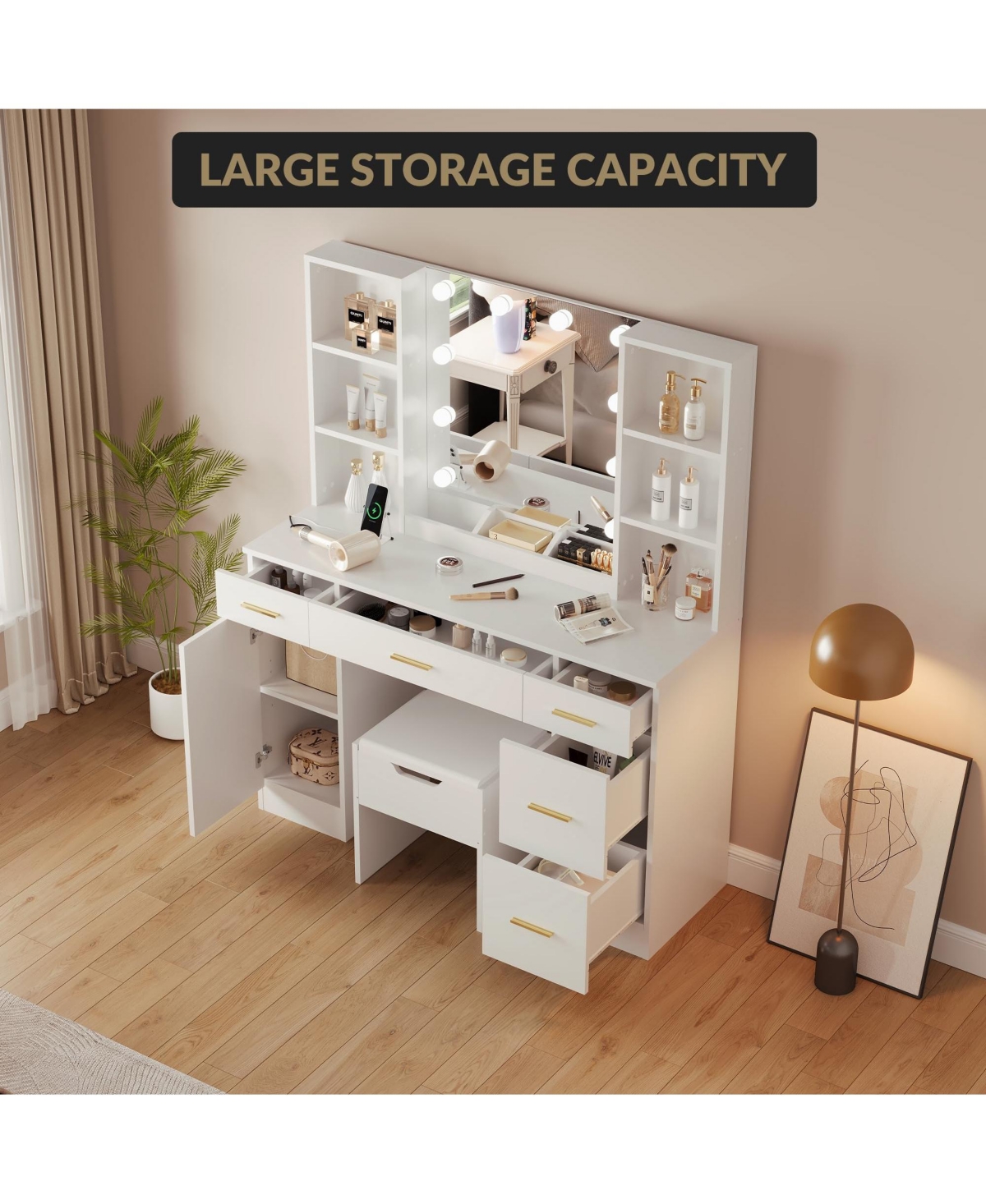 gaomon Farmhouse Vanity Set with Lighted Mirror,56 Inch Modern Makeup Vanity with Charging Station&Storage Shelves