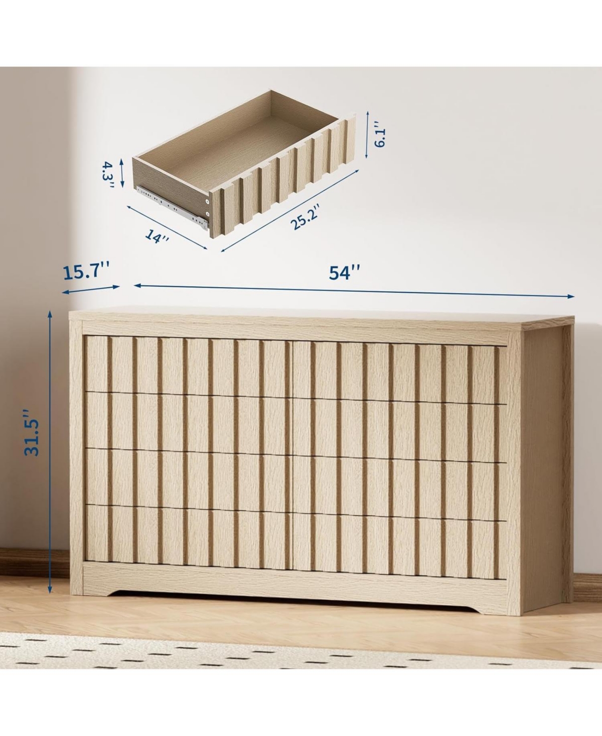 gaomon Fluted Dresser for Bedroom with 8 Drawers, Modern Chest of Drawers with Handleless,Wooden Dresser