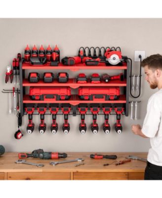 Power Tool Organizer with Charging Station, 4-Tier Wall Rack with 8 Drill Holders, Side Pegboard, Built-In 8-Outlet Power Strip