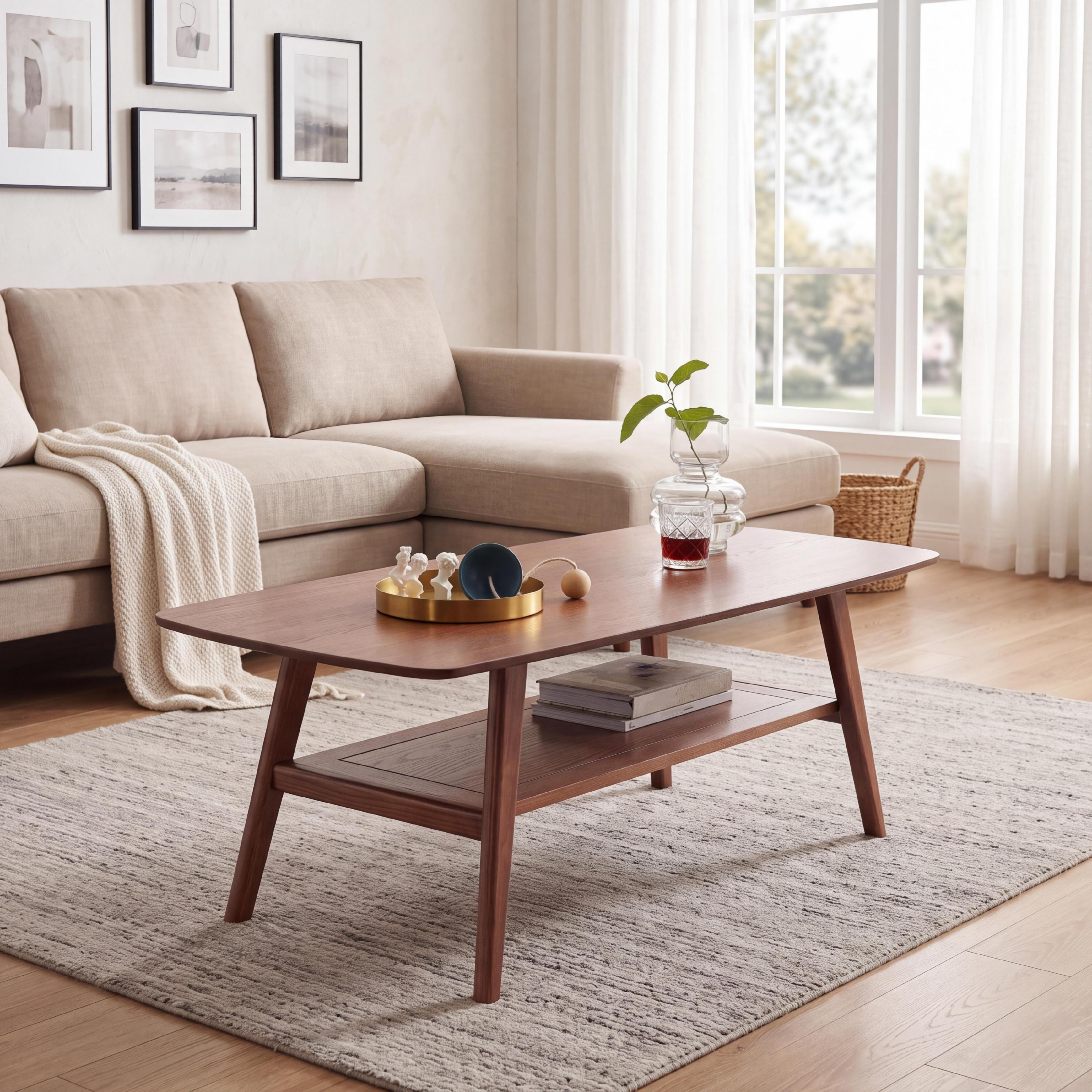 sumyeg Solid Oak Coffee Table, 2-Tier Center Table with Storage Shelf, Rounded Corners, 31.5" W, Walnut