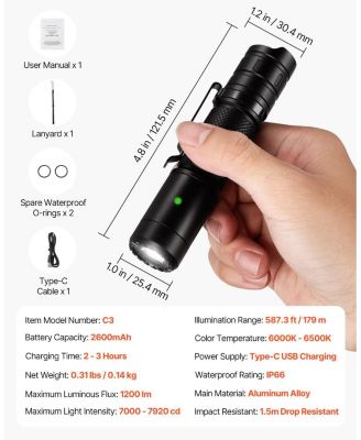 Rechargeable High Lumens LED Flashlight, 6 Lighting Modes, IP66 Waterproof, Handheld Portable Flash Light