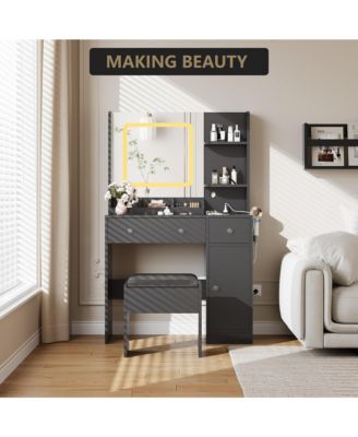 Vanity Desk and Stool with Mirror and Lights，Makeup Vanity with Charging Station, Drawers